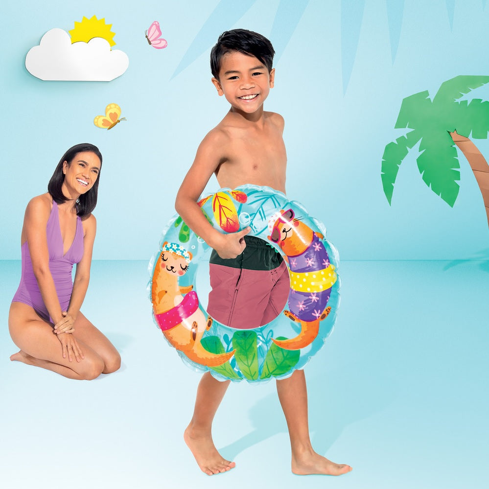 Inflatable inner tube with colorful otters on it.