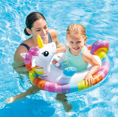 Pool inflatable for kids shaped like a rainbow unicorn.