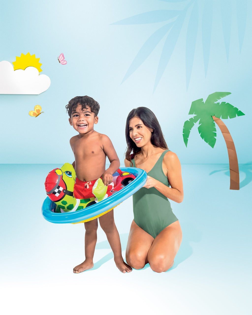 Pool inflatable for kids shaped like a turtle driving a racecar.