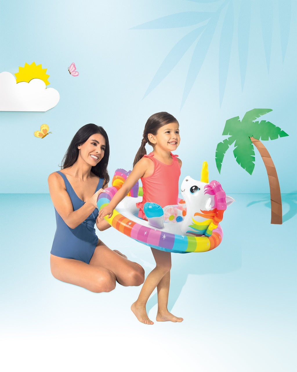 Pool inflatable for kids shaped like a rainbow unicorn.