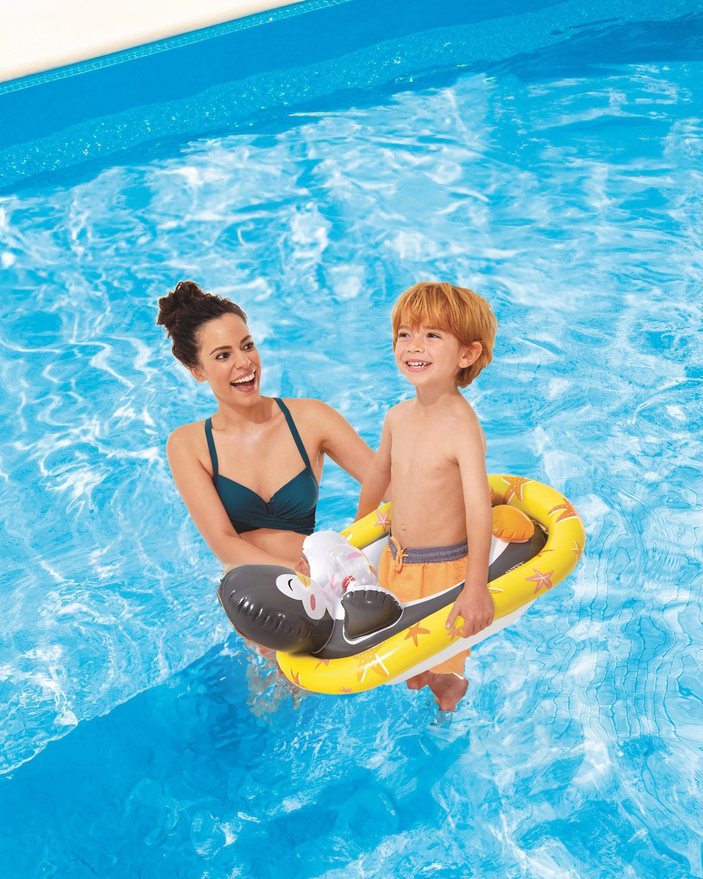 Pool inflatable for kids shaped like a penguin.
