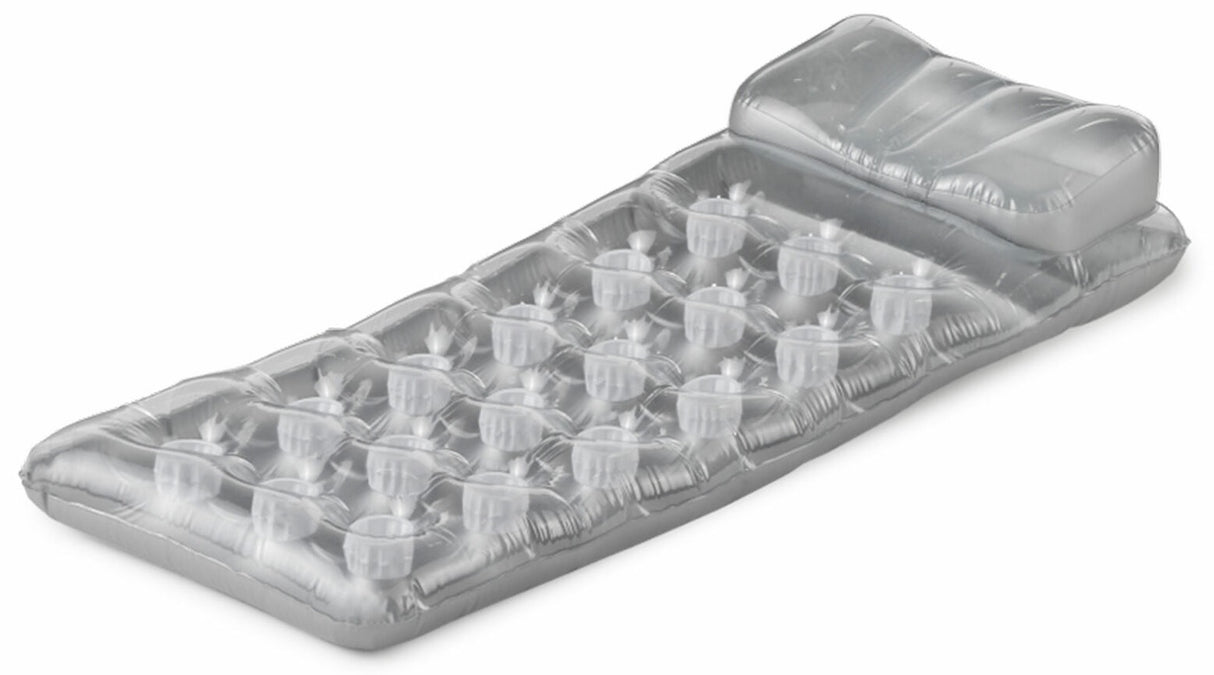 Silver inflatable pool mattress.