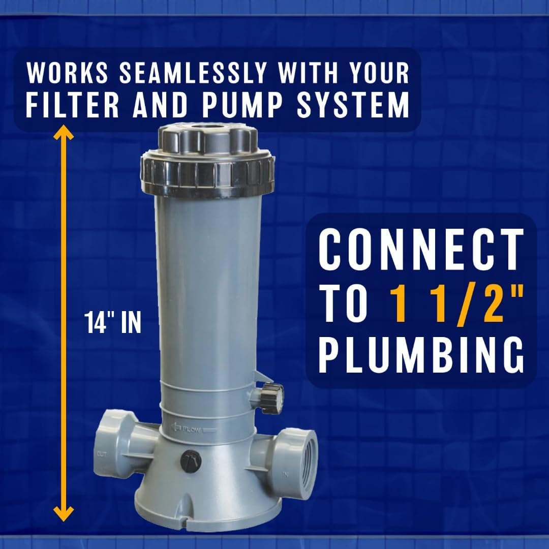 This automatic chlorinator works seamlessly with your filter and pump system and can connect to 1 ½ inch plumbing.
