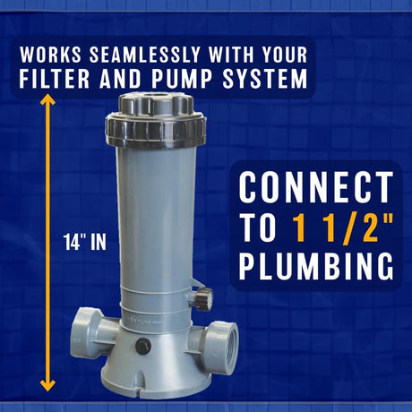 This automatic chlorinator works seamlessly with your filter and pump system and can connect to 1 ½ inch plumbing.