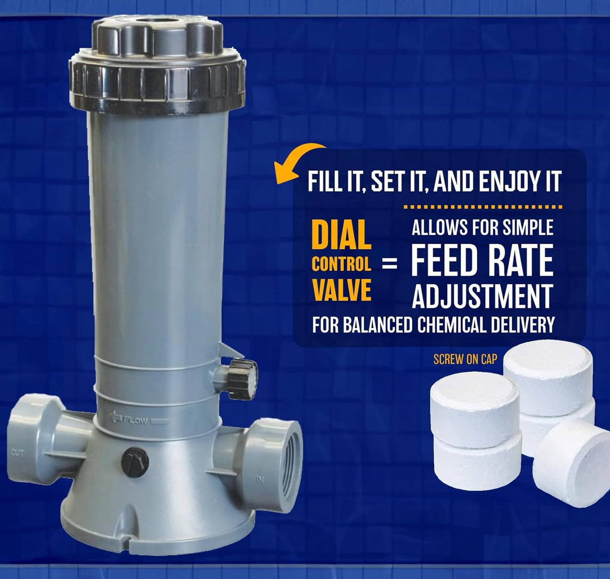 Easy to use automatic chlorinator. Fill it, set it and enjoy it. It has a dial control valve and allows for simple feed rate adjustment for balanced chemical delivery.