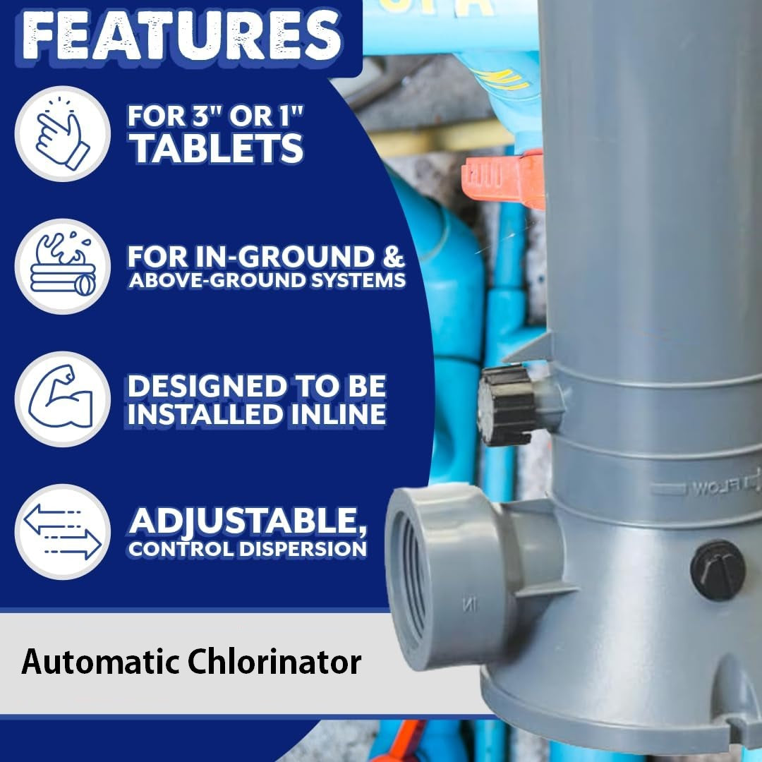 This automatic chlorinator was designed for 3 inch or 1 inch chlorine tablets. It was made for in-ground and above ground pools. It was designed to be installed inline and features adjustable control dispersion.