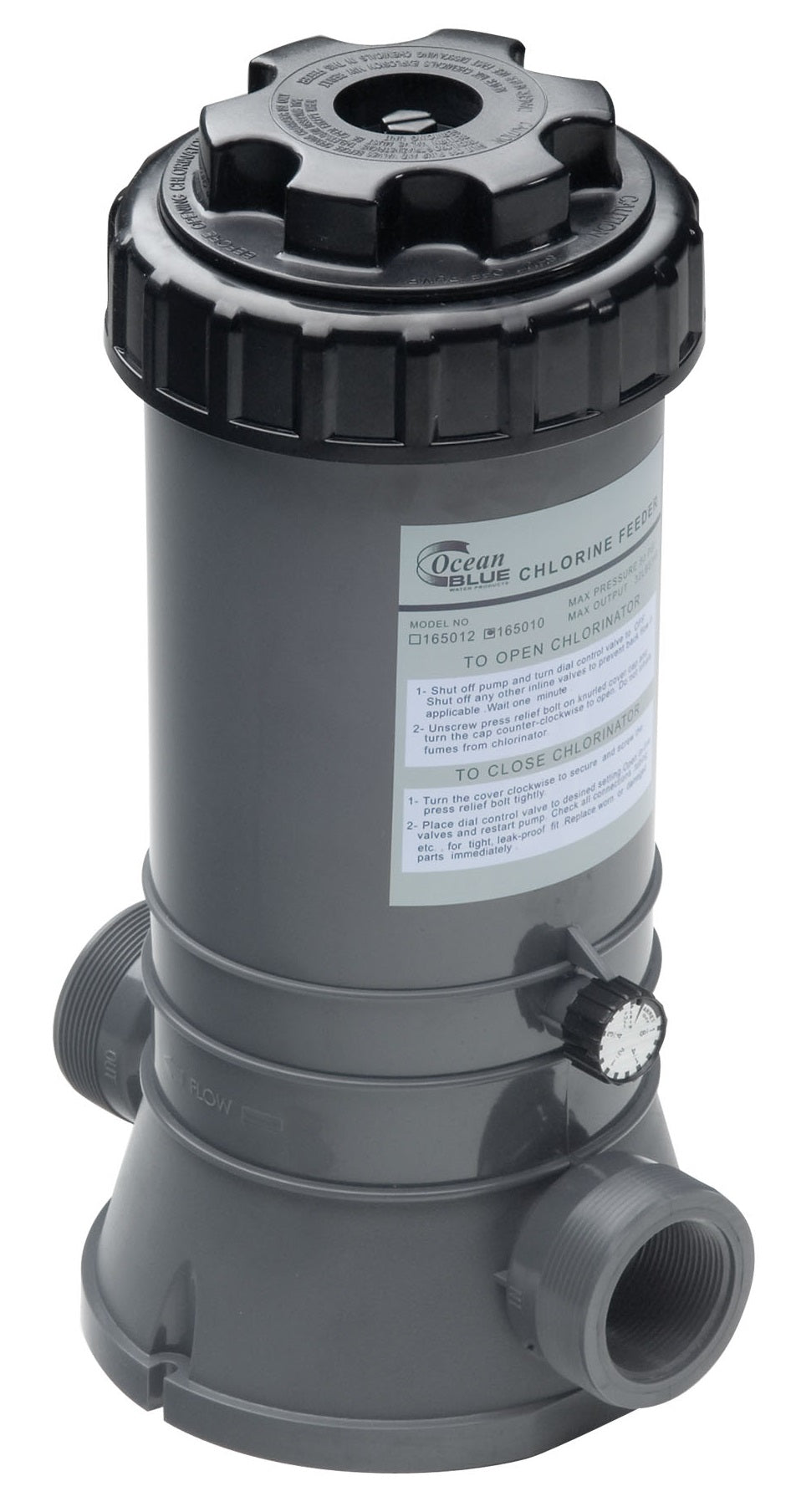 In line pool chlorinator. The body is gray and the cap is black.