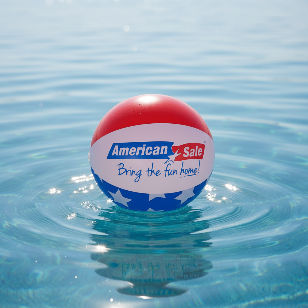 This is a lifestyle image showing a beach ball on top of the water. The beach ball is red, white and blue striped and reads "American Sale. Bring the fun home!"