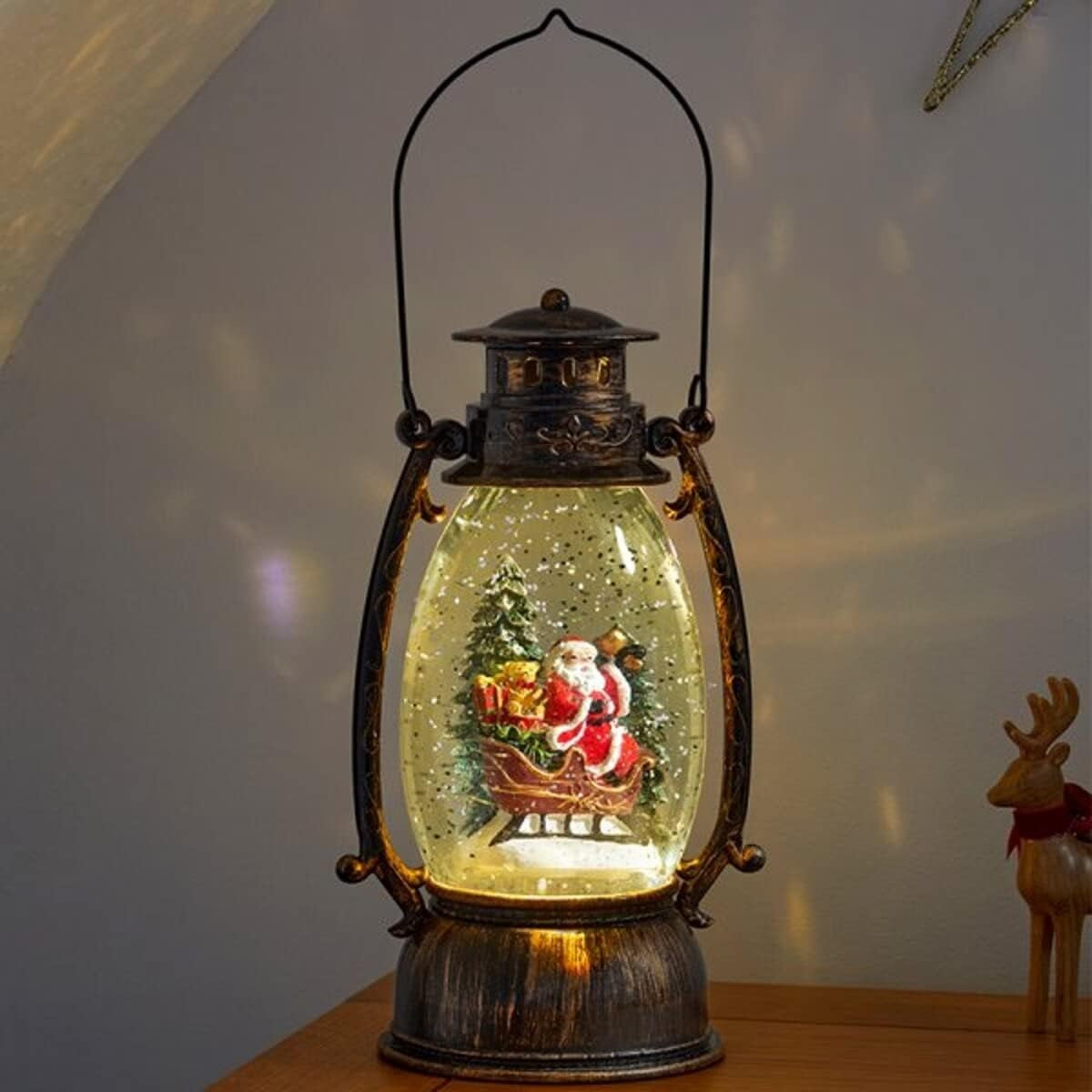 9.5" Battery-Operated Antique Bronze Spinning Water Globe Lantern with Holiday Scene