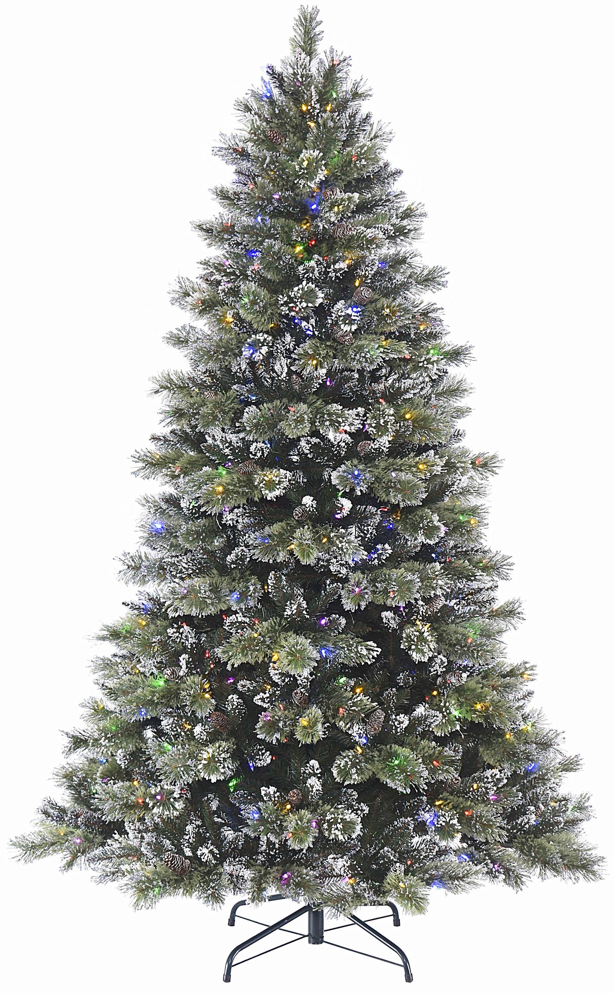 Artificial tree pre-lit with dual lights. Lights change from warm white to multi-colored. Branches are covered in white glitter.