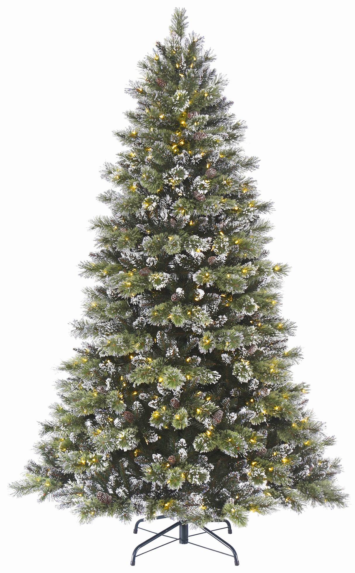 Artificial tree pre-lit with dual lights. Lights change from warm white to multi-colored. Branches are covered in white glitter.