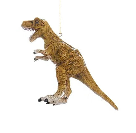 Ornament shaped like a dinosaur. One ornament is shaped like a Stegosaurus. One ornament is shaped like an Apatosaurus. One ornament is shaped like a Velociraptor. One ornament is shaped like a Tyrannosaurus Rex.