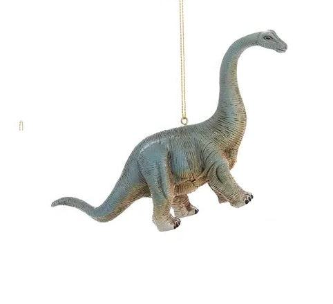 Ornament shaped like a dinosaur. One ornament is shaped like a Stegosaurus. One ornament is shaped like an Apatosaurus. One ornament is shaped like a Velociraptor. One ornament is shaped like a Tyrannosaurus Rex.