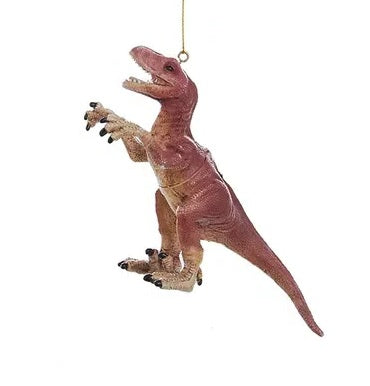 Ornament shaped like a dinosaur. One ornament is shaped like a Stegosaurus. One ornament is shaped like an Apatosaurus. One ornament is shaped like a Velociraptor. One ornament is shaped like a Tyrannosaurus Rex.