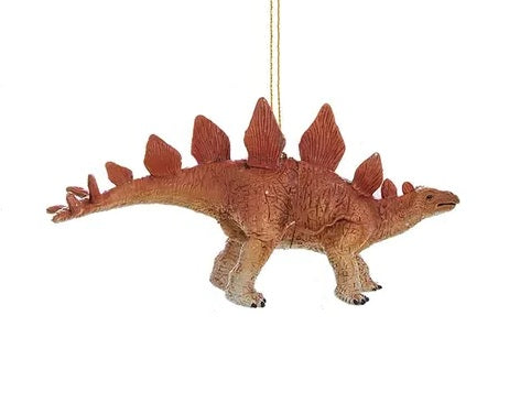 Ornament shaped like a dinosaur. One ornament is shaped like a Stegosaurus. One ornament is shaped like an Apatosaurus. One ornament is shaped like a Velociraptor. One ornament is shaped like a Tyrannosaurus Rex.