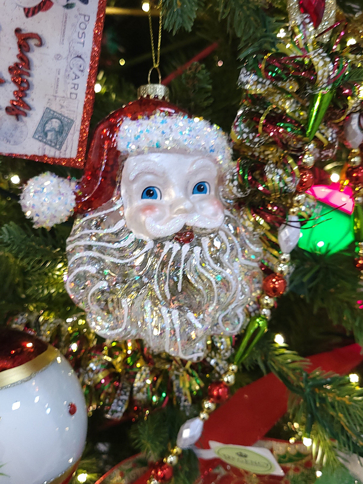 5" Glittered Santa Head Glass Ornament