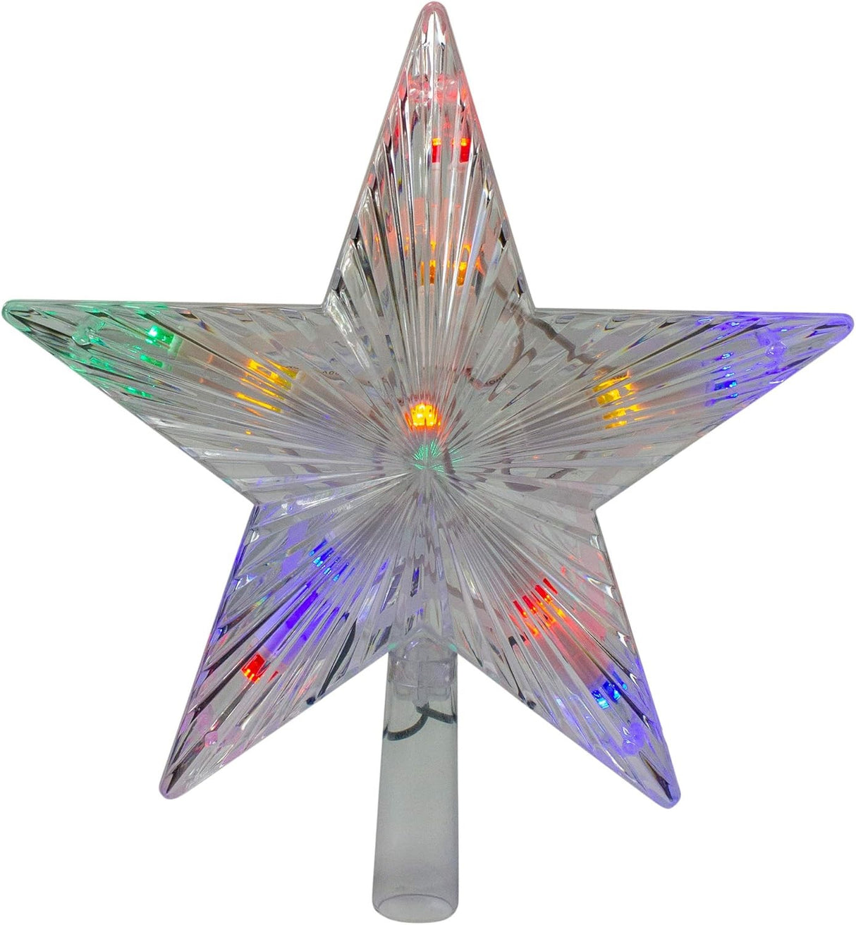 This image shows a clear Christmas tree topper pre-lit with multi-colored lights.