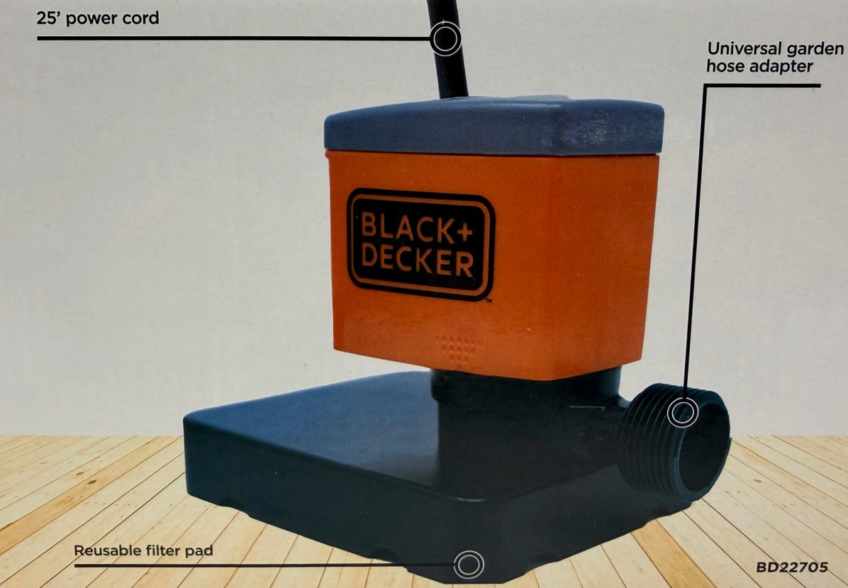 This image shows the pump and has three areas highlighted. The first area is at the top, it's a 25 ft. power cord. The second area is on the right toward the bottom, it's a universal garden hose adapter. The third area is in the center at the bottom, it's a reusable filter pad.