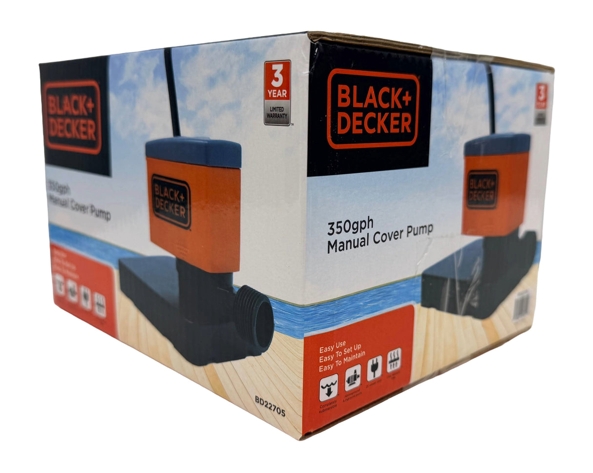 This image shows the box that this pump comes in on a white background. The box reads "Black + Decker. 350 gph manual cover pump. Easy to use. Easy to set up. Easy to maintain. 3 year limited warranty."