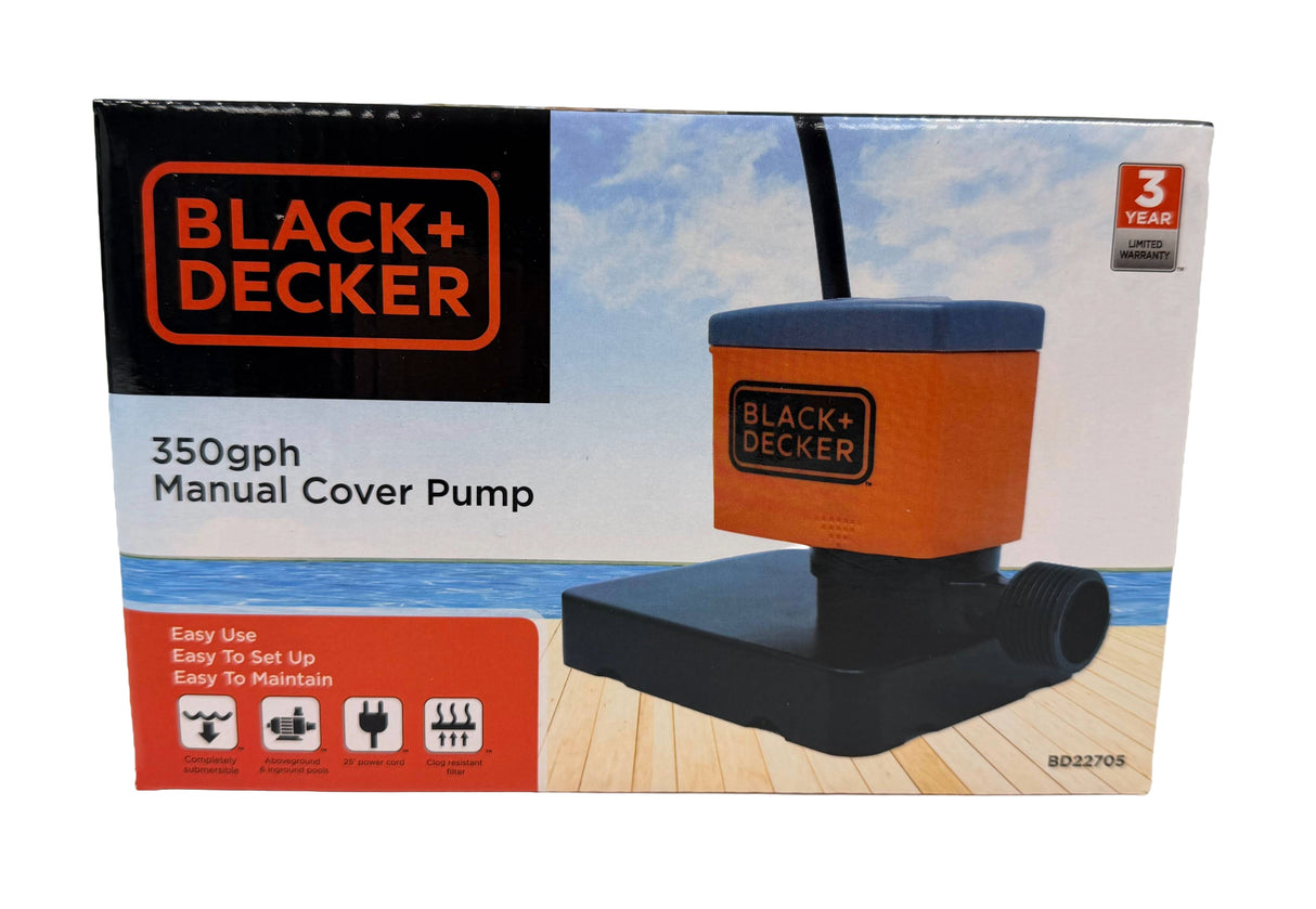 This image shows the box that this pump comes in on a white background. The box reads "Black + Decker. 350 gph manual cover pump. Easy to use. Easy to set up. Easy to maintain. 3 year limited warranty."