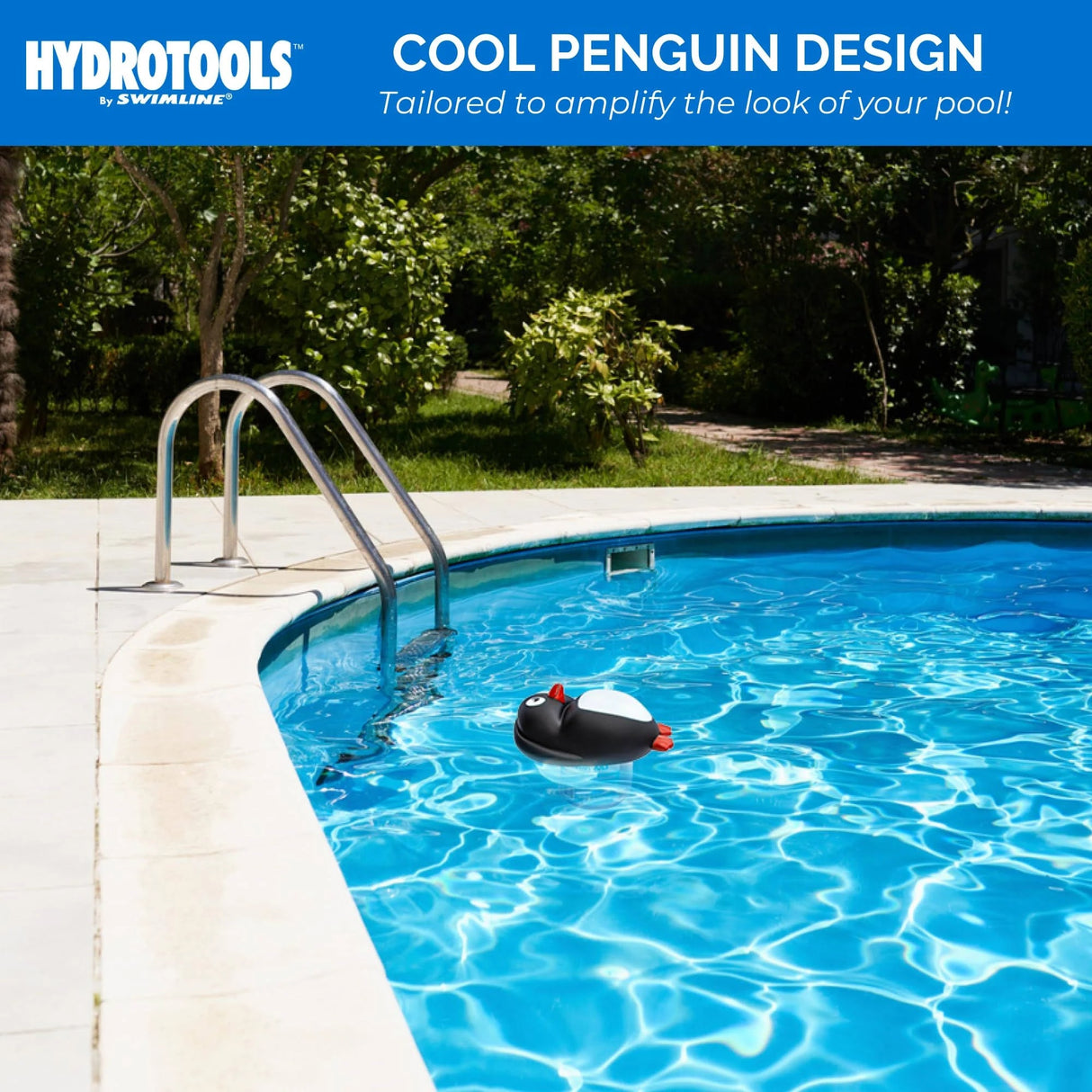 This image reads "HydroTools by Swimline. Cool penguin design. Tailored to amplify the look of your pool!" The image also shows an in-ground pool with this penguin chemical dispenser floating around.