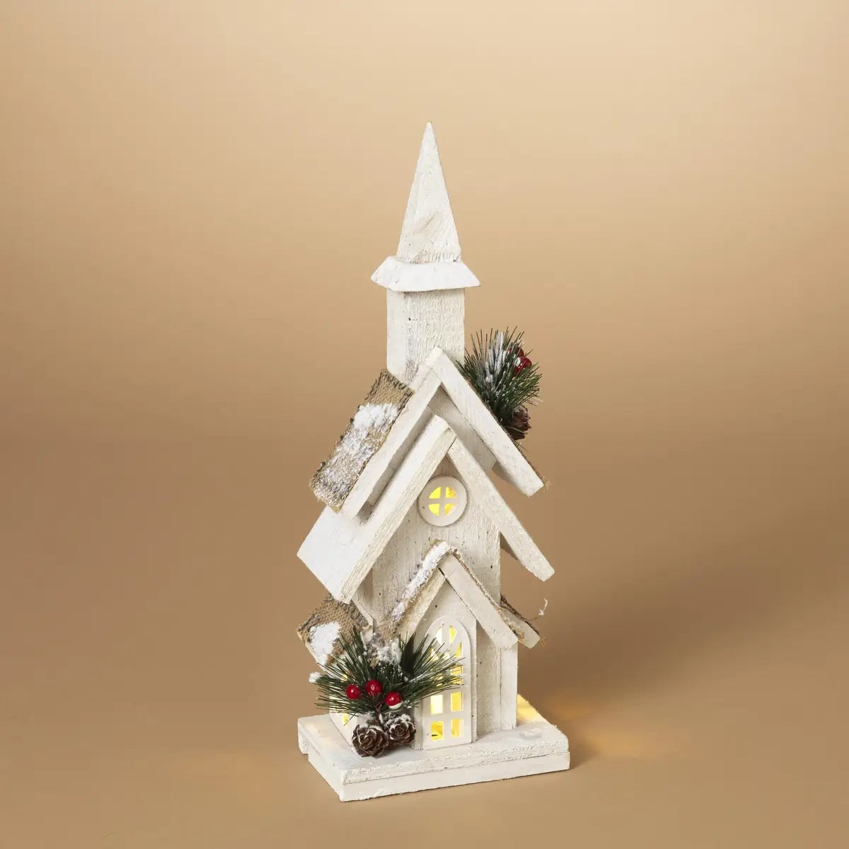 15" Battery-Operated Lighted Wooden Church with Pine & Berry Accent With Timer