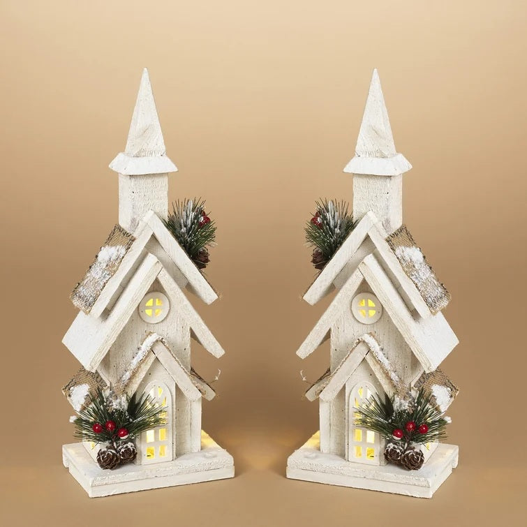 15" Battery-Operated Lighted Wooden Church with Pine & Berry Accent With Timer