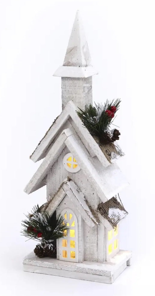 15" Battery-Operated Lighted Wooden Church with Pine & Berry Accent With Timer