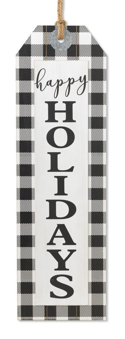 Wall hanging sign shaped like a gift tag. This one reads "Happy Holidays" and has a white and black buffalo check border.
