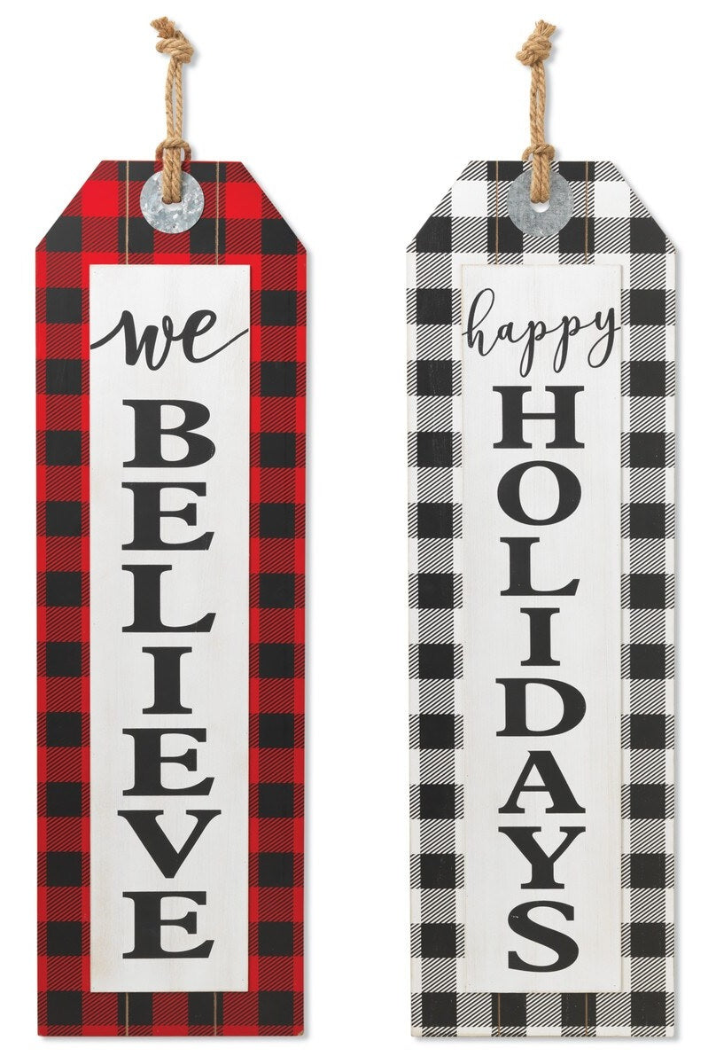 Wall hanging signs shaped like gift tags.