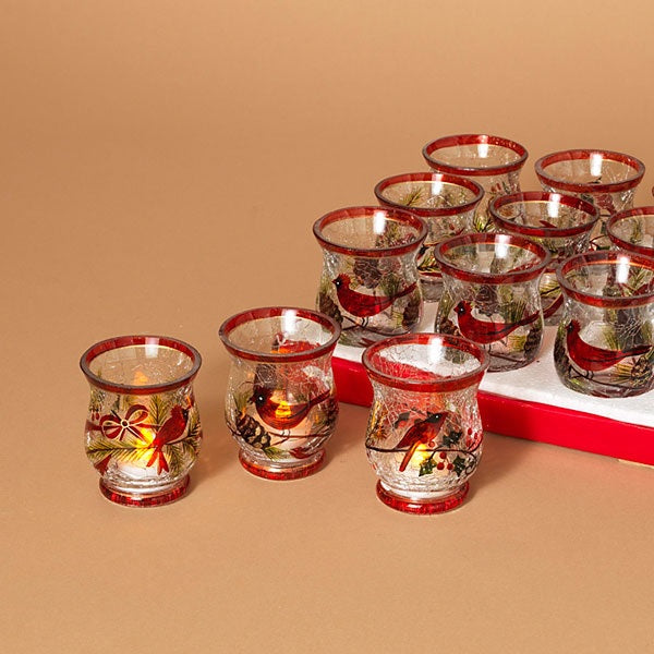 3.5" Hand-Painted Cardinal Crackle Glass Candle Holder