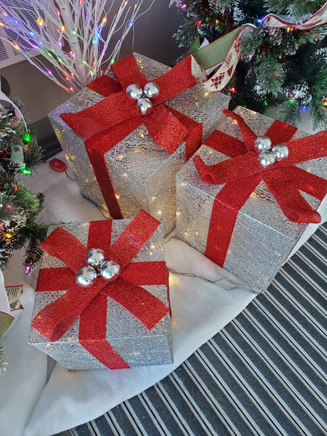 Set of 3 Pre-Lit Crystal Champagne Gift Box Sculptures