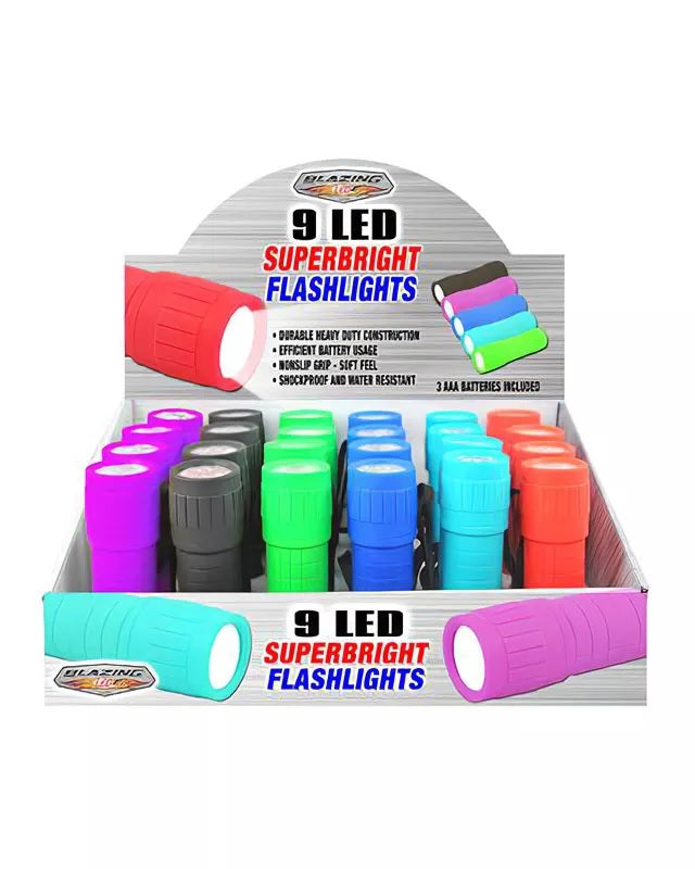 Small LED flashlight. There are six different color options: Red, Black, Fuchsia, Blue, Teal or Green. This image shows them in a display box.