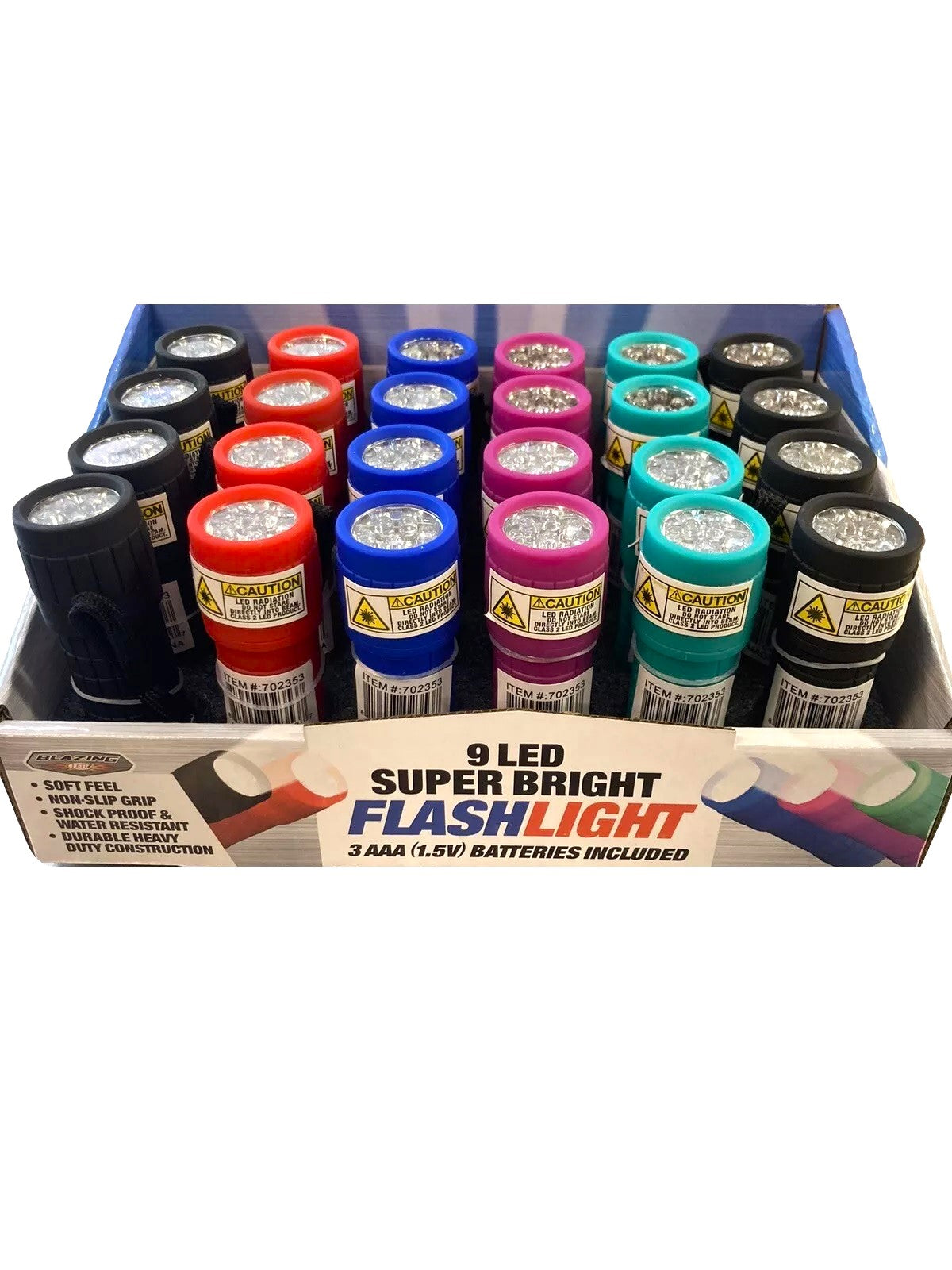 Small LED flashlight. There are six different color options: Red, Black, Fuchsia, Blue, Teal or Green. This image shows them in a display box.