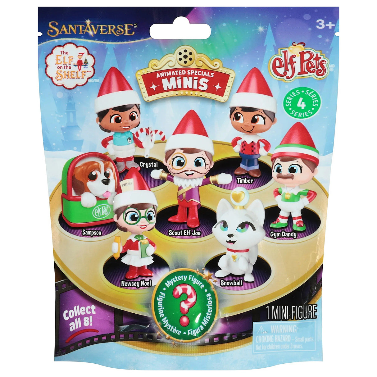 This image shows the small plastic packaging that this mini comes in. It reads "Santaverse. The Elf on the Shelf Animated Special Minis & Elf Pets. Collect all 8! Series 4. From top to bottom, left to right, the mini toys names' are: Crystal, Timber, Sampson the dog, Scout Elf Joe, Gym Dandy, Newsey Noel and Snowball the cat. There's also a mystery figure option.