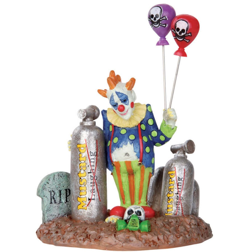 Polyresin figurine for a Lemax Spooky Town display. Designed to look like a sad clown standing next to tubs of mustard gas. The tubs say "laughing" but it's scratched off. He's holding balloons with skull and crossbones on them. There are tombstones on the ground and a skull with a gas mask on.