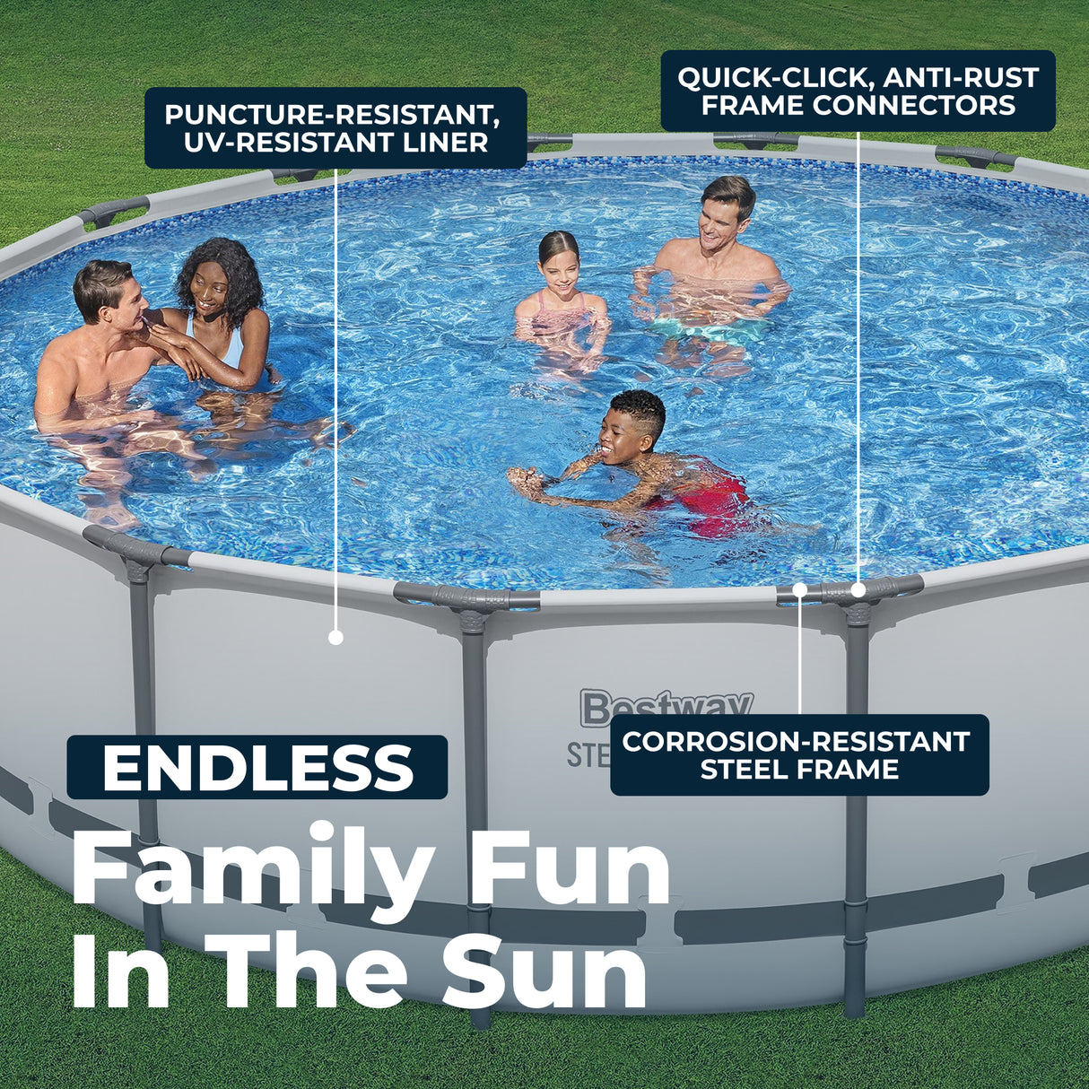 This image shows the Bestway pool with people inside. It also points at different areas in the picture calling out different important parts: Puncture-resistant UV-resistant liner, Quick-Click Anti-Rust Frame Connectors and Corrosion-Resistant Steel Frames. The image also reads "Endless Family Fun in the Sun."