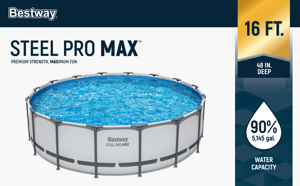 This image shows part of the packaging of the box for this pool. It reads "Bestway Steel Pro MAX. Premium strength, Maximum fun. 16 ft. and 48 in. deep. 90% 5,145 gal. water capacity."