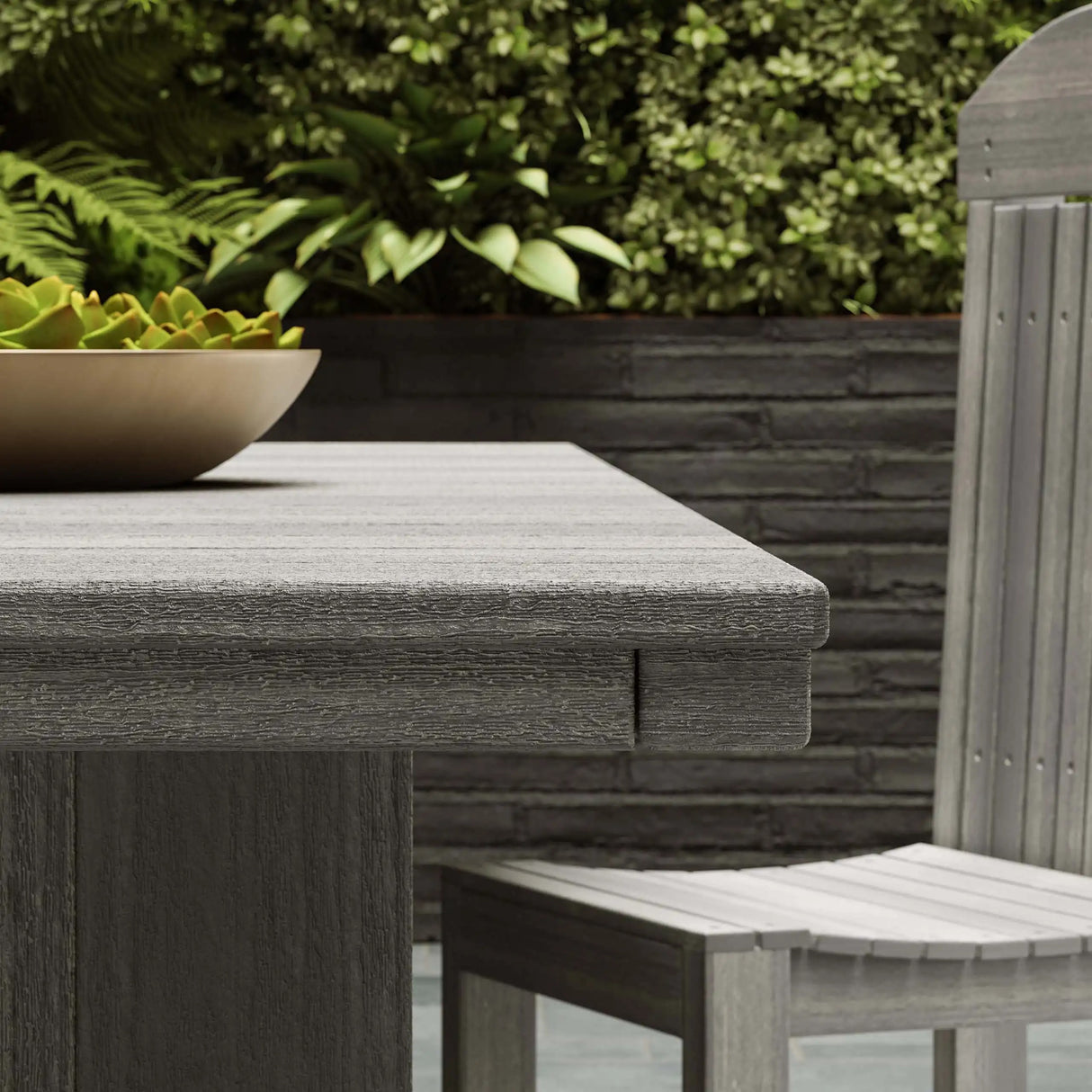 This is an up close view of the corner of the Coastal Gray dining table.