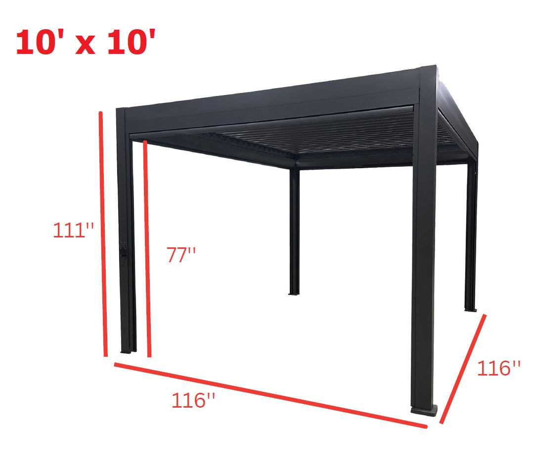This image shows the 10 ft. by 10 ft. version of the sun shelter and explains the dimensions. From the top to the bottom it is 111 inches by 77 inches. From the bottom of a post to the other bottom of a post is 116 inches.