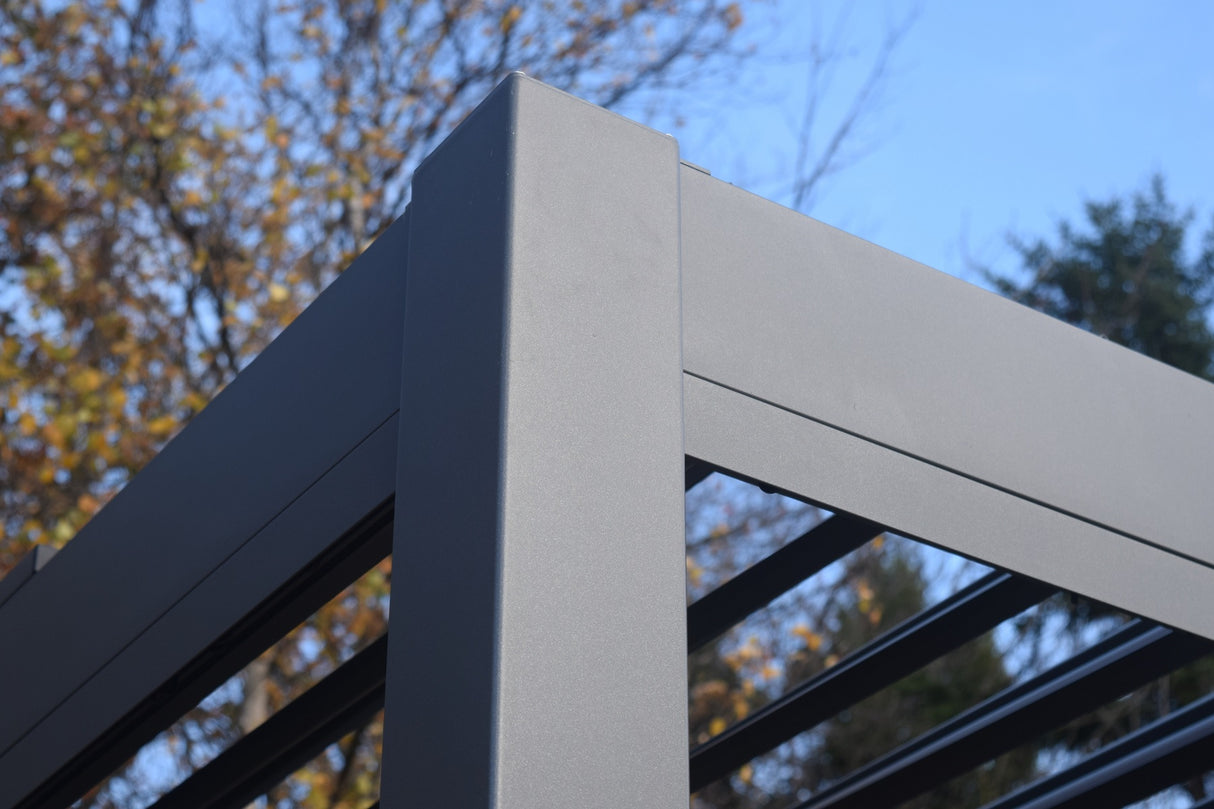 This is a lifestyle image. It's an up close view of one of the side posts and you can also see that the moveable roof slats are open wide.