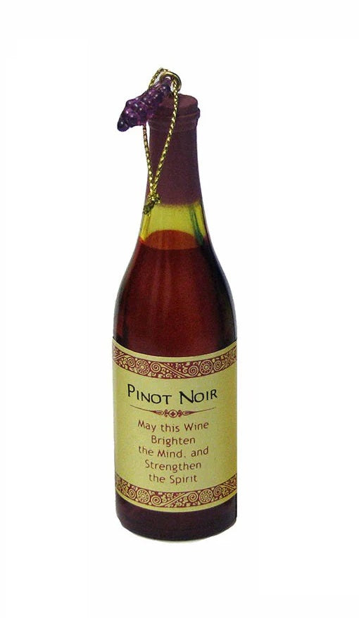 Intricately detailed miniature wine bottle ornament. One bottle reads "Cabernet Sauvignon. Wine improves with age. The older I get, the more I like it." One bottle reads "Pinot Noir. May this wine brighten the mind and strengthen the spirit." One bottle reads "California Chardonnay. Whine a bit every day and you'll feel better." One bottle reads "Merlot. May we always have old wines, good friends and fleeting care."