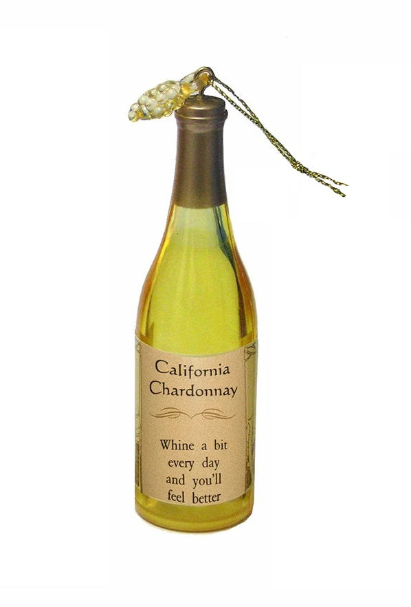 Intricately detailed miniature wine bottle ornament. One bottle reads "Cabernet Sauvignon. Wine improves with age. The older I get, the more I like it." One bottle reads "Pinot Noir. May this wine brighten the mind and strengthen the spirit." One bottle reads "California Chardonnay. Whine a bit every day and you'll feel better." One bottle reads "Merlot. May we always have old wines, good friends and fleeting care."