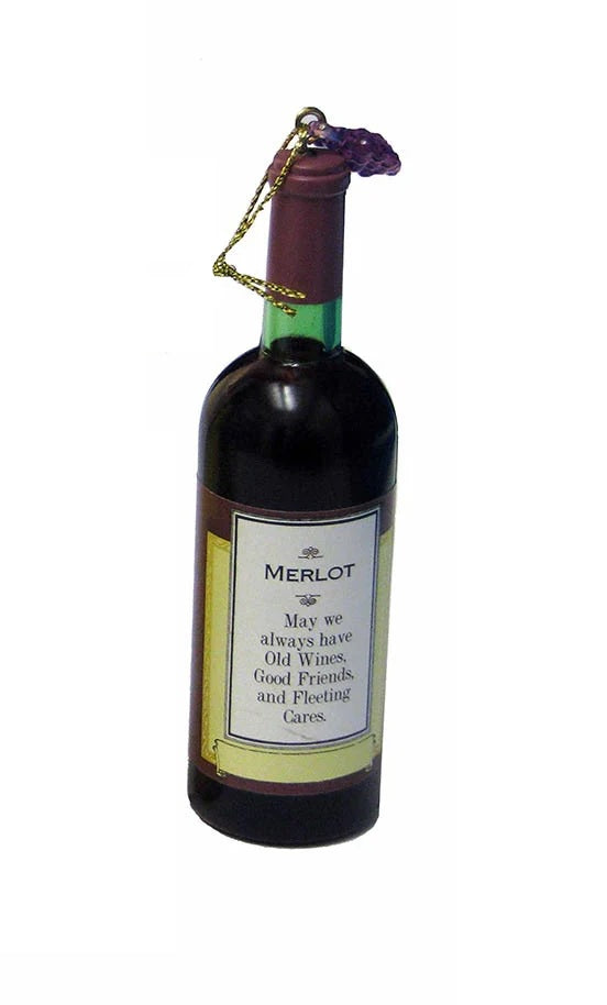 Intricately detailed miniature wine bottle ornament. One bottle reads "Cabernet Sauvignon. Wine improves with age. The older I get, the more I like it." One bottle reads "Pinot Noir. May this wine brighten the mind and strengthen the spirit." One bottle reads "California Chardonnay. Whine a bit every day and you'll feel better." One bottle reads "Merlot. May we always have old wines, good friends and fleeting care."