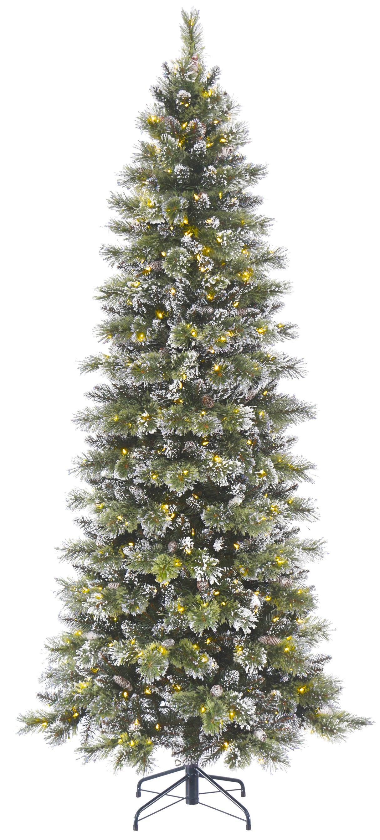 Artificial tree pre-lit with dual lights. Lights change from warm white to multi-colored. The branches are covered in white glitter.