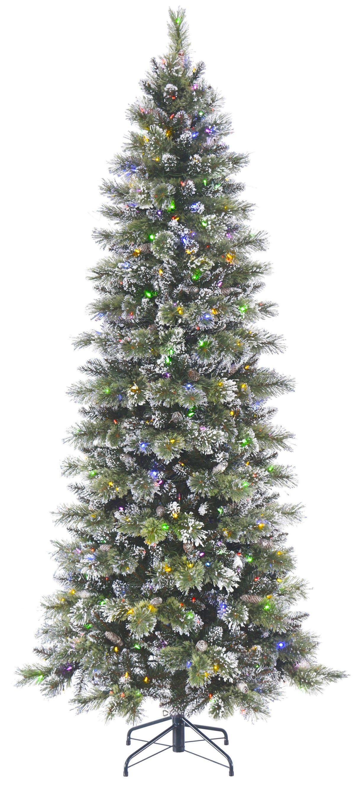 Artificial tree pre-lit with dual lights. Lights change from warm white to multi-colored. The branches are covered in white glitter.