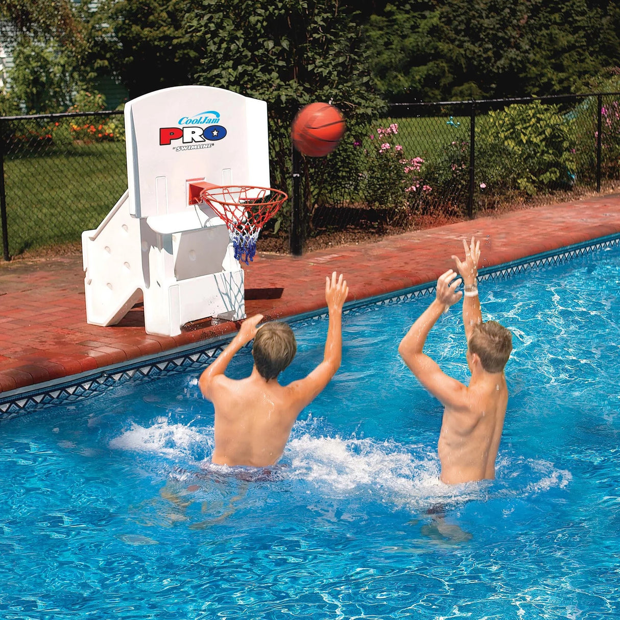 Poolside basketball hoop.