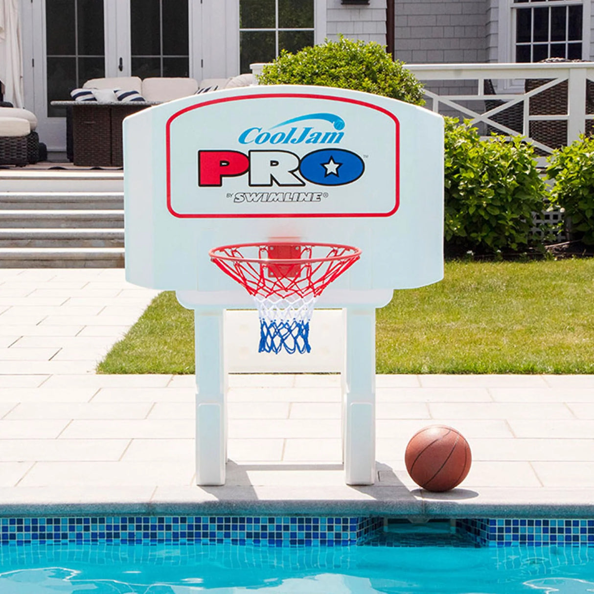 Poolside basketball hoop.
