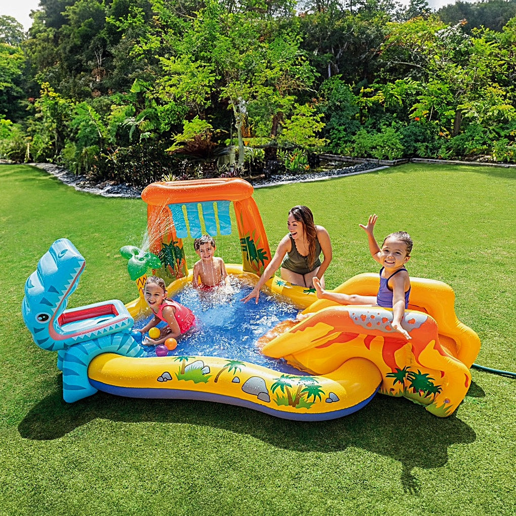 Dinosaur themed inflatable water park for kids.