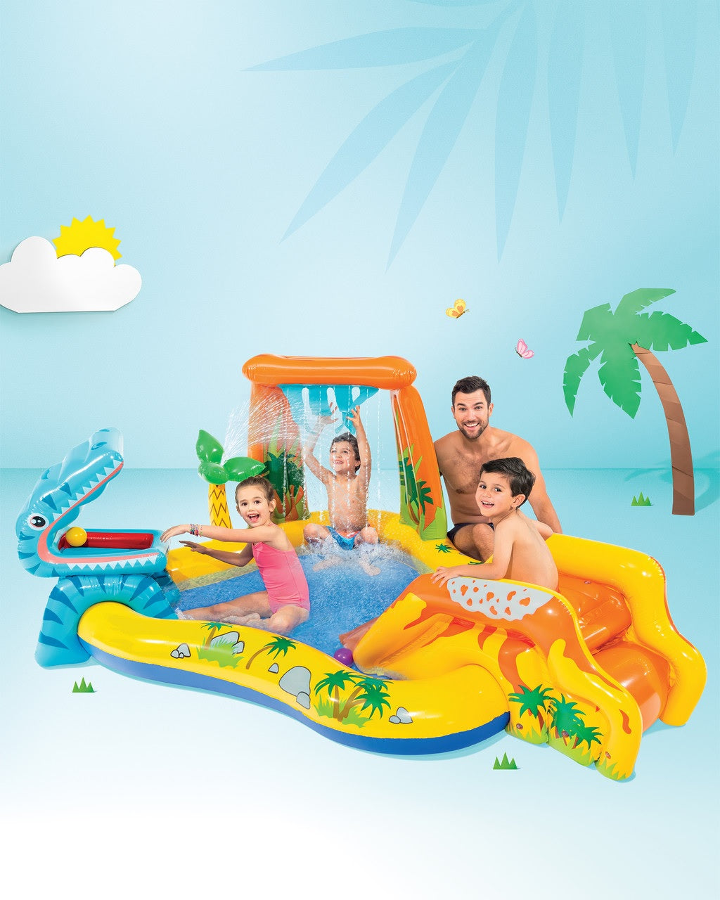 Dinosaur themed inflatable water park for kids.
